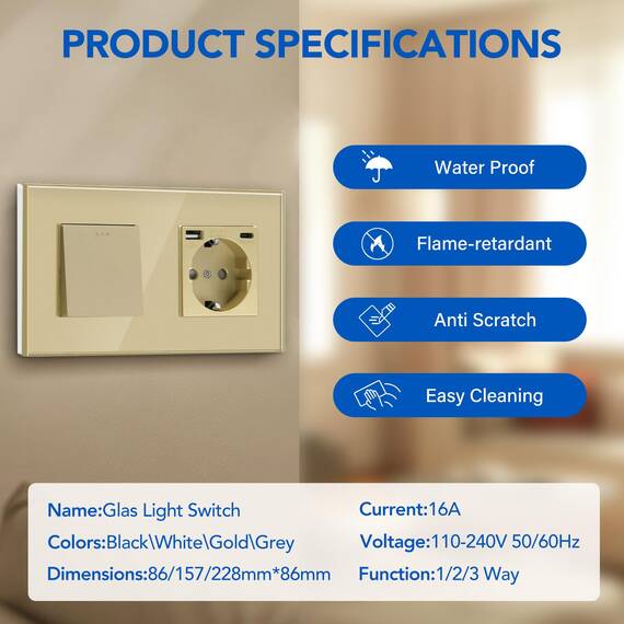 BSEED Wandschalter mit Goldstecker, 1 Gang, 1-Wege-Wandschalter + 16 A Schuko-Steckdose mit 1 Port Typ C und 1 USB-Anschlüssen, 16 A Drucktasten-Lichtschalter