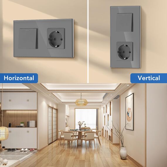 BSEED Lichtschalter Mit Steckdose 1 Fach 2 Wege - 10A Kristall Glas Platte Wandschalter Mit 16A Schuko Steckdose Grau - Physische Unterputz Wechselschalter 157mm