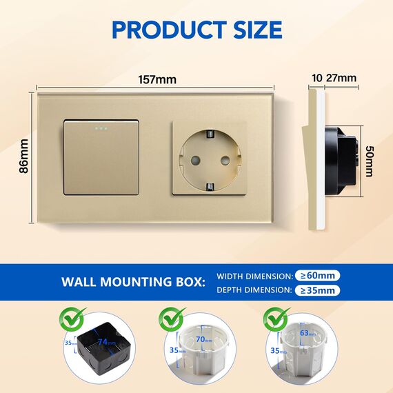 BSEED Lichtschalter mit Steckdose 1 Fach 2 Wege,10A Kristall Glas Platte Wandschalter mit 16A Schuko Steckdose Gold,Physische Unterputz Wechselschalter mit Steckdose- 157mm