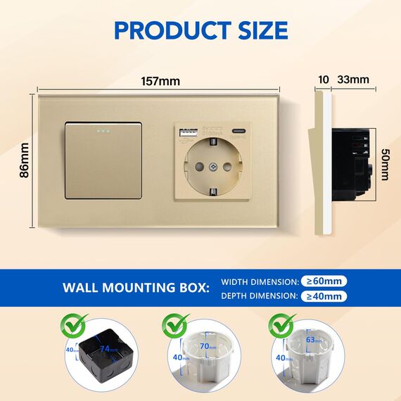 BSEED Lichtschalter mit Steckdose 1 Fach 3 Wege,Wandschalter mit 16A Schuko Steckdose mit USB Anschluss (Max. 2.1A) Typ C Port, Lichtschalter Unterputz Wechselschalter mit Steckdose Gold- 157mm