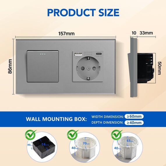 BSEED Lichtschalter mit Steckdose und USB Anschluss (Max. 2.1A) - 1 Fach 2 Wege Wandschalter, 16A Schuko, Typ C Port, Grau, Physische Unterputz Wechselschalter - 157mm
