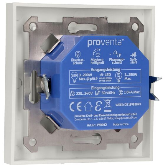 Proventa LED Dimmer 230V – Trailing Edge Dimmschalter 250W, Drehdimmer für dimmbare LED & Halogenlampen, Unterputz, IP20, 2-Draht-System, weiß glänzend, kompatibel mit Markenschalterprogrammen
