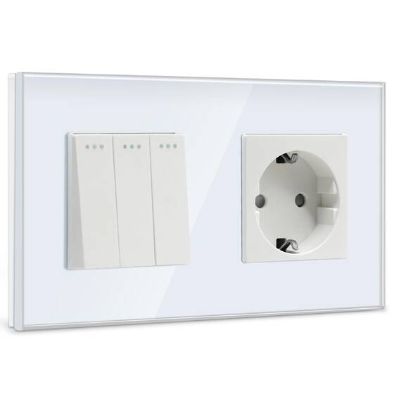 BSEED Lichtschalter mit Steckdose 3-Fach 1-Weg, 10A, Kristallglasplatte, 16A Schuko, Weiß, Physischer Unterputz