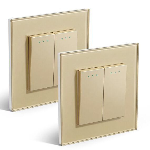 BSEED Lichtschalter 2 Fach 1 Weg Glas Lichtschalter Unterputz Taste Schalter Wandschalter Gold Kristall Kippschalter 2Pack