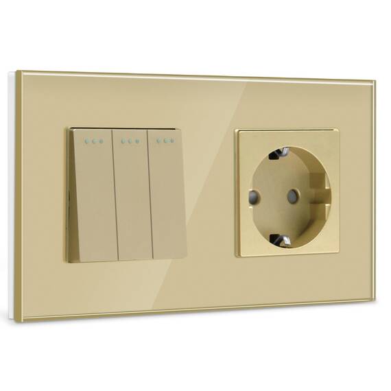 BSEED Lichtschalter mit Steckdose 3 Fach 1 Weg,10A Kristall Glas Platte Wandschalter mit 16A Schuko Steckdose Gold,Physische Unterputz Wandschalter mit Steckdose- 157mm