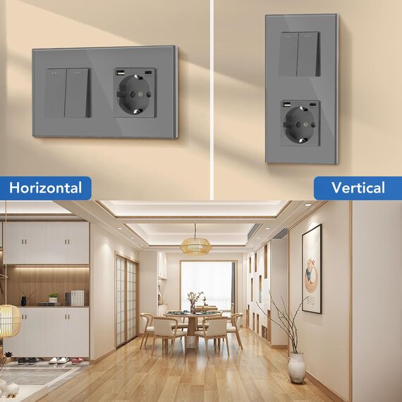 BSEED Lichtschalter mit Steckdose 2 Fach 2 Wege,Wandschalter mit 16A Schuko Steckdose mit USB Anschluss (Max. 2.1A) Typ C Port Grau,Physische Unterputz Wechselschalter mit Steckdose- 157mm