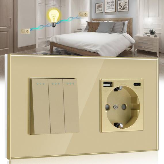 BSEED Lichtschalter mit Steckdose 3 Fach 2 Wege,Wandschalter mit 16A Schuko Steckdose mit USB Anschluss (Max. 2.1A) Typ C Port Gold,Physische Unterputz Wechselschalter mit Steckdose- 157mm