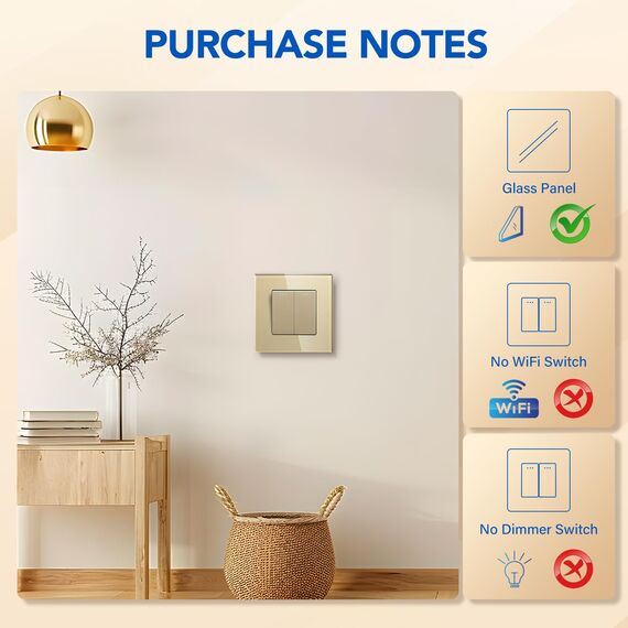 BSEED Lichtschalter 2 Fach 1 Weg Glas Lichtschalter Unterputz Taste Schalter Wandschalter Gold Kristall Kippschalter 2Pack