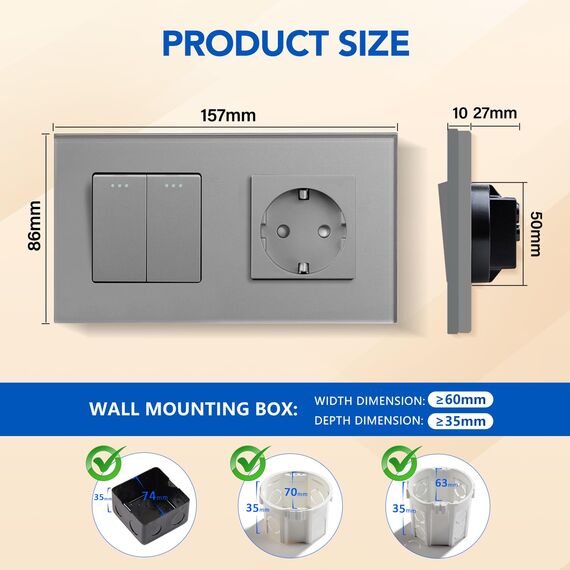 BSEED Lichtschalter mit Steckdose 2 Wege 2 Wege 10A Kristall Glas Wandschalter mit 16A Schuko Steckdose Grau 157mm