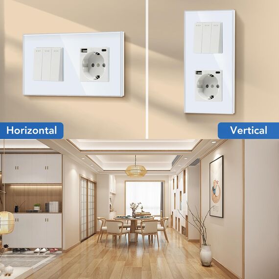 BSEED Lichtschalter mit Steckdose 3 Fach 1 Weg,Wandschalter mit 16A Schuko Steckdose mit USB Anschluss (Max. 2.1A) Typ C Port Weiß,Physische Unterputz Wandschalter mit Steckdose- 157mm