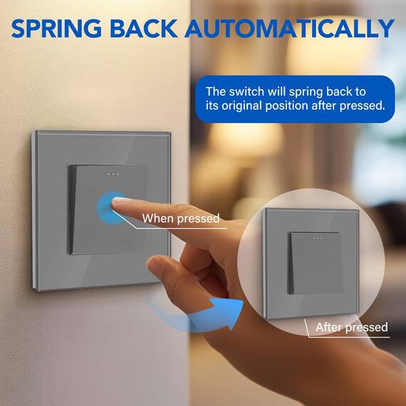 BSEED Rückstellschalter Lichtschalter 1 Fach 1 Weg Glas Rückstellschalter Unterputz Taste Schalter Wandschalter Grau (Nach Drücken in ursprüngliche Position zurückspringen) 3Pack