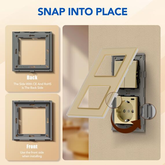 BSEED Lichtschalter mit Steckdose 2 Fach 2 Wege,Wandschalter mit 16A Schuko Steckdose mit USB Anschluss (Max. 2.1A) Typ C Port Gold,Physische Unterputz Wechselschalter mit Steckdose- 157mm