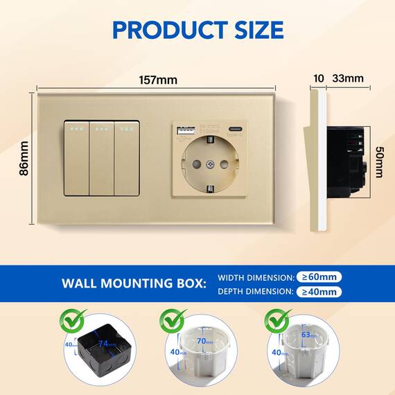 BSEED Lichtschalter mit Steckdose 3 Fach 2 Wege,Wandschalter mit 16A Schuko Steckdose mit USB Anschluss (Max. 2.1A) Typ C Port Gold,Physische Unterputz Wechselschalter mit Steckdose- 157mm