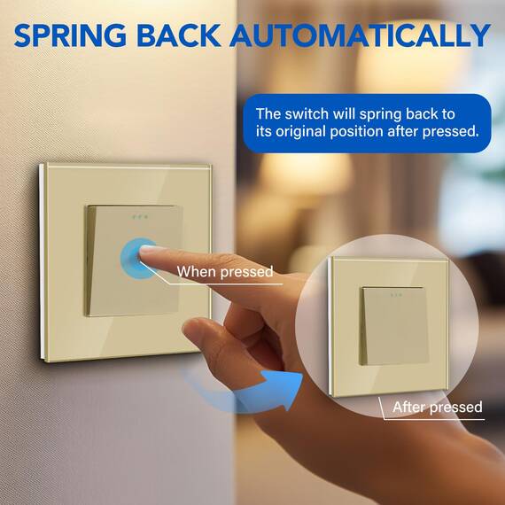 BSEED Rückstellschalter Lichtschalter 1 Fach 1 Weg Glas Rückstellschalter Unterputz Taste Schalter Wandschalter Golden (Nach Drücken in ursprüngliche Position zurückspringen) 3Pack
