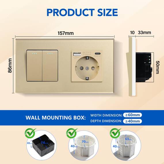 BSEED Lichtschalter mit Steckdose 2 Fach 1 Weg,Wandschalter mit 16A Schuko Steckdose mit USB Anschluss (Max. 2.1A) Typ C Port Gold,Physische Unterputz Wandschalter mit Steckdose- 157mm