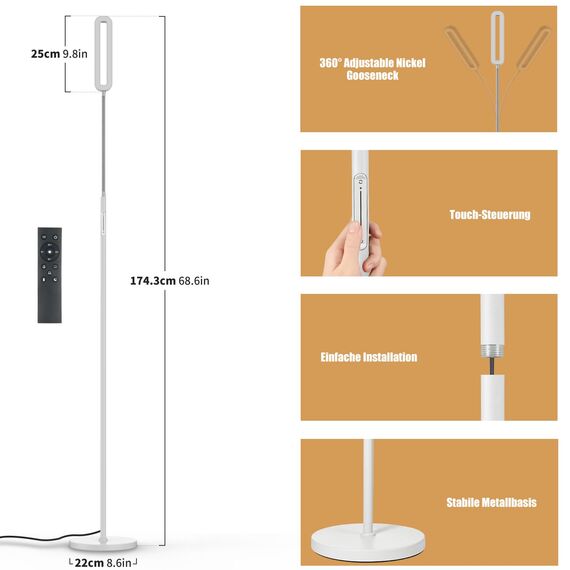 Amdelne Stehlampe Dimmbar Weiß, Stehlampe Wohnzimmer mit 6 Szenemodi & 1H Timer, 12W 1400lm Stehleuchte LED mit Fernbedienung & Touch Steuerung, 360° Schwenkbare Sofa Leselampe für Schlafzimmer Büro