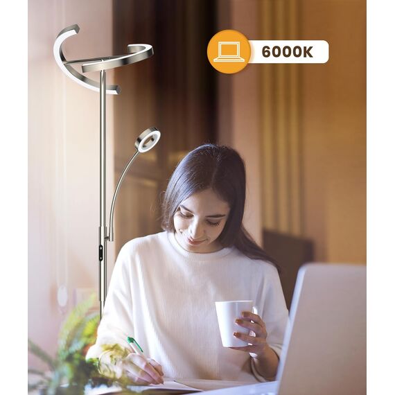 ANTENLICHT Stehlampe Dimmbar LED KAKA- | Silber-Stehleuchte 20W mit flexibler 7W Leselampe | Modern deckenfluter mit fernbedienung mit 4 Farbtemperatur für Wohnzimmer, Schlafzimmer, Büro, Hotel