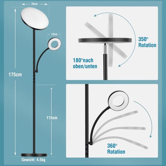 42W Stehlampe Wohnzimmer, 4200LM LED Deckenfluter mit Leselampe 2700K-6500K Stufenloses Dimmen , Fernbedienung und Touch-Steuerung, Moderne Dimmbar Standleuchte für Wohnzimmer Schlafzimmer Büro