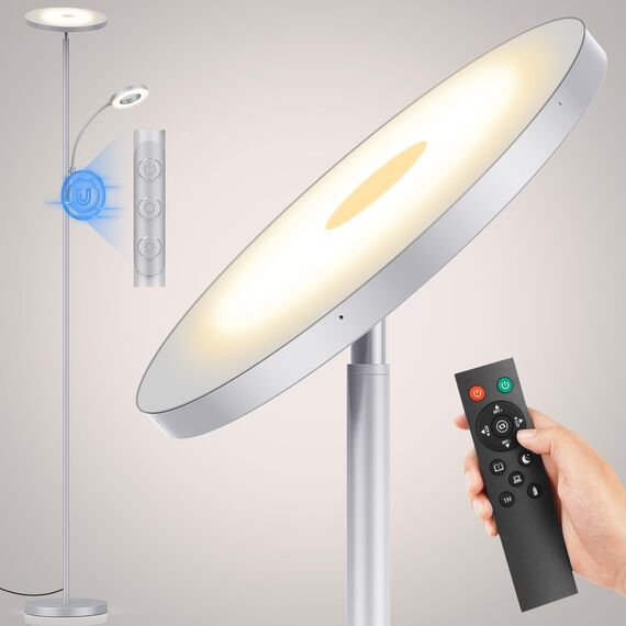 42W Stehlampe Wohnzimmer Grau, 4200LM LED Deckenfluter mit Seitenleuchten 2700K-6500K Stufenloses Dimmen , Fernbedienung und Touch-Steuerung, Moderne Dimmbar Stehlampe für Wohnzimmer Schlafzimmer Büro