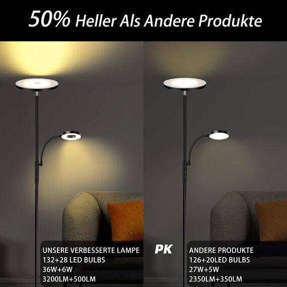 42W Stehlampe Wohnzimmer, 4200LM LED Deckenfluter mit Leselampe 2700K-6500K Stufenloses Dimmen , Fernbedienung und Touch-Steuerung, Moderne Dimmbar Standleuchte für Wohnzimmer Schlafzimmer Büro