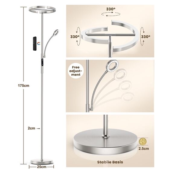ANTENLICHT Stehlampe Dimmbar LED KAKA- | Silber-Stehleuchte 20W mit flexibler 7W Leselampe | Modern deckenfluter mit fernbedienung mit 4 Farbtemperatur für Wohnzimmer, Schlafzimmer, Büro, Hotel