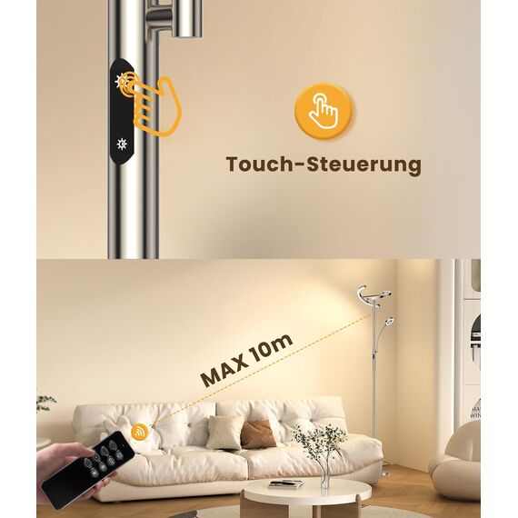 ANTENLICHT Stehlampe Dimmbar LED KAKA- | Silber-Stehleuchte 20W mit flexibler 7W Leselampe | Modern deckenfluter mit fernbedienung mit 4 Farbtemperatur für Wohnzimmer, Schlafzimmer, Büro, Hotel