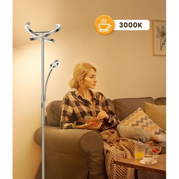 ANTENLICHT Stehlampe Dimmbar LED KAKA- | Silber-Stehleuchte 20W mit flexibler 7W Leselampe | Modern deckenfluter mit fernbedienung mit 4 Farbtemperatur für Wohnzimmer, Schlafzimmer, Büro, Hotel