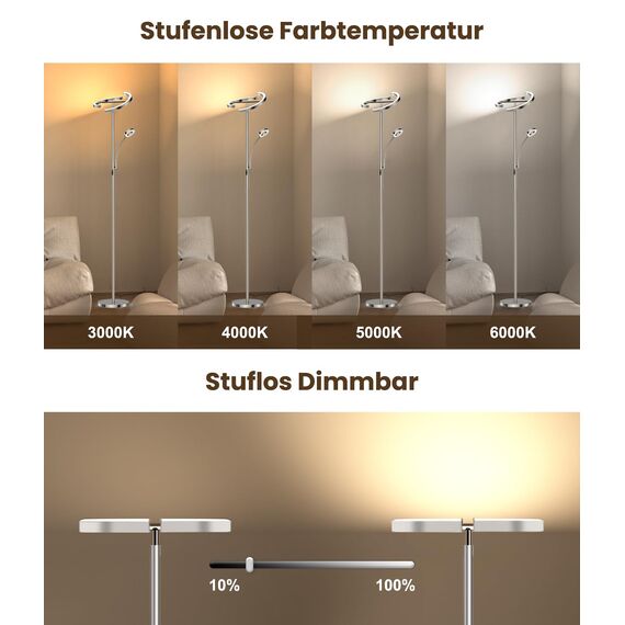 ANTENLICHT Stehlampe Dimmbar LED KAKA- | Silber-Stehleuchte 20W mit flexibler 7W Leselampe | Modern deckenfluter mit fernbedienung mit 4 Farbtemperatur für Wohnzimmer, Schlafzimmer, Büro, Hotel