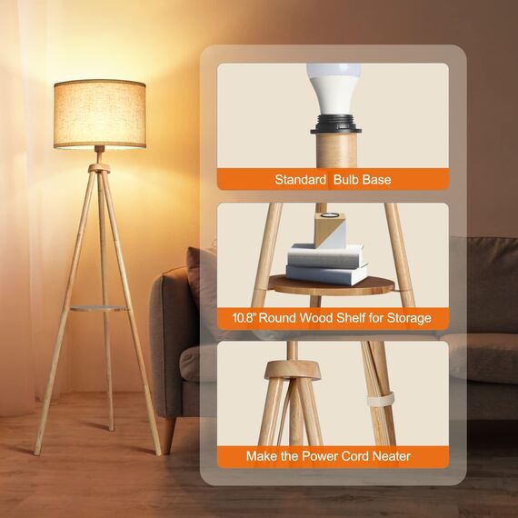 OUTON LED Stehlampe Dimmbar Dreibein Holz mit Regal, Fernbedienung, 4 Farbtemperatur, 1 Stunde Timerfunktion, Stativ Stehleuchte mit Beige Lampenschirm für Wohnzimmer, Schlafzimmer, Büro (Holz)