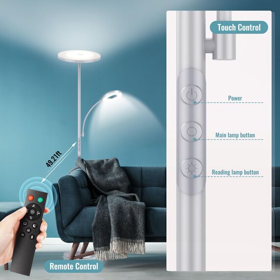 42W Stehlampe Wohnzimmer Grau, 4200LM LED Deckenfluter mit Seitenleuchten 2700K-6500K Stufenloses Dimmen , Fernbedienung und Touch-Steuerung, Moderne Dimmbar Stehlampe für Wohnzimmer Schlafzimmer Büro
