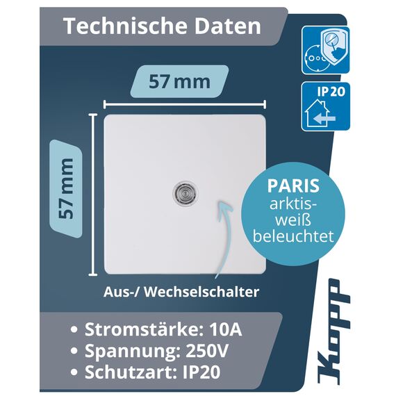 Kopp PARIS Universalschalter beleuchtet in Arktis-Weiß - Lichtschalter-Unterputz mit 10AX Schaltvermögen - Hochwertiger IP20 Schalter mit Steckklemmen - Stilvoller Wechselschalter-Unterputz 250V~