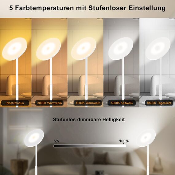 Weiß LED Stehlampe , 3600LM 36W Deckenfluter Dimmbar Stehlampe Wohnzimmer 2700K-6500K Stufenloses Dimmen, Fernbedienung und Touch-Steuerung, Moderne Standleuchte für Wohnzimmer Schlafzimmer Büro