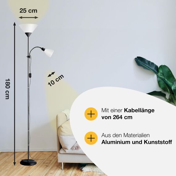 Brilliant Spari Deckenfluter mit Leselampe schwarz, weiß – LED Stehlampe – 1,8 m Standleuchte – für LED-Leuchtmittel geeignet (E27 & E14 Fassung) – mit verstellbarem Lesearm