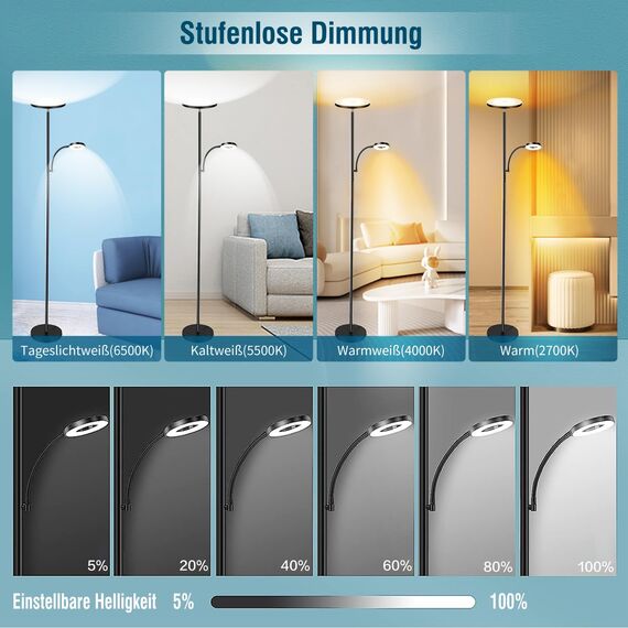 42W Stehlampe Wohnzimmer, 4200LM LED Deckenfluter mit Leselampe 2700K-6500K Stufenloses Dimmen , Fernbedienung und Touch-Steuerung, Moderne Dimmbar Standleuchte für Wohnzimmer Schlafzimmer Büro