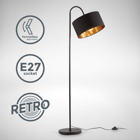 B.K.Licht - Stehlampe Vintage mit Fußtaster, Lampenschirm aus Stoff, schwenkbar, Leselampe, Deko Wohnzimmer, Lampe, Deckenfluter, Bogenlampe, Standleuchte, Industrial, 25x145 cm, Schwarz-Gold