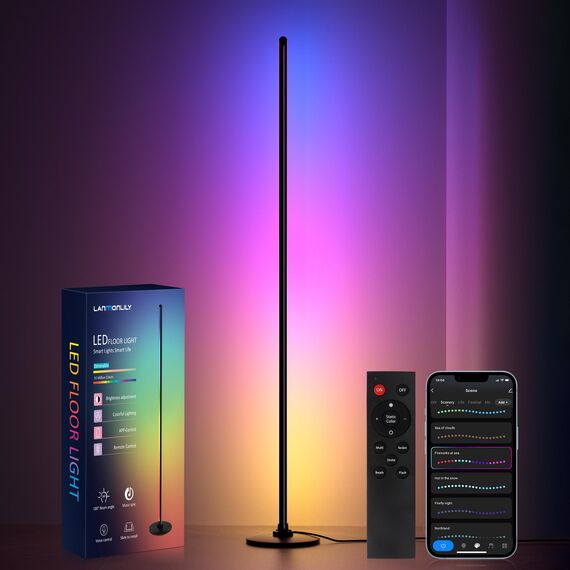 Lanmonlily LED Stehlampe mit Fernbedienung und APP, RGBICW Stehlampe Dimmbar, mit Alexa und Google, Musik Sync, 16 Millionen Farben, 68 Szenenmodi, Stilvolle Stehleuchte für Schlafzimmer