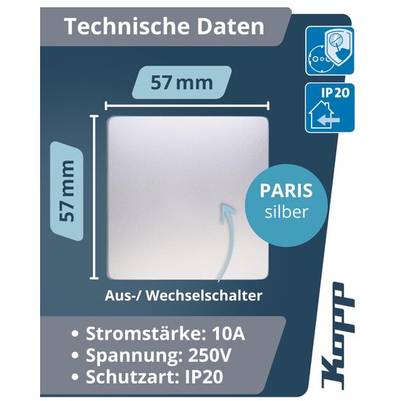 Kopp PARIS Universalschalter in Silber - Lichtschalter-Unterputz mit 10AX Schaltvermögen - Hochwertiger IP20 Schalter mit Steckklemmen - Stilvoller Wechselschalter-Unterputz 250V~