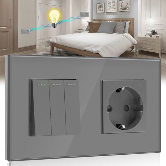 BSEED Lichtschalter mit Steckdose 3 Fach 2 Wege,10A Kristall Glas Platte Wandschalter mit 16A Schuko Steckdose Grau,Physische Unterputz Wechselschalter mit Steckdose- 157mm
