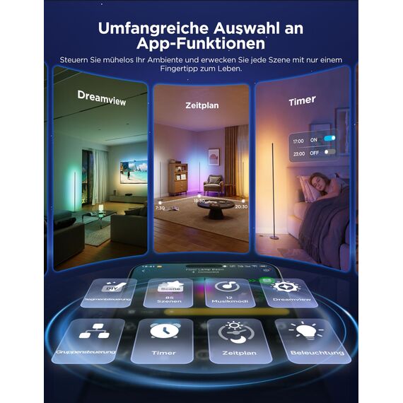 Govee RGBIC LED Stehlampe Wohnzimmer, WiFi Stehlampe Dimmbar, Arbeiten Sie mit Alexa und Matter, 16 Millionen Farben, 85 Szenenmodi, Musikmodi, DIY-Modus Standleuchte für Schlafzimmer Gaming, Schwarz