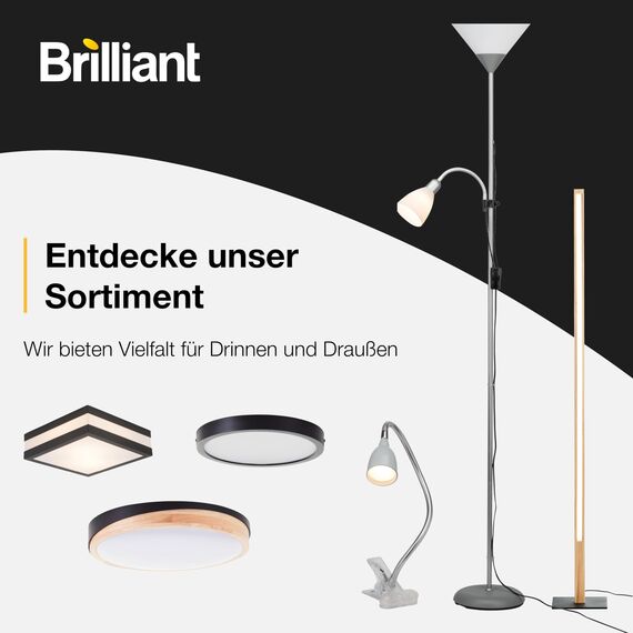 Brilliant Spari Deckenfluter mit Leselampe schwarz, weiß – LED Stehlampe – 1,8 m Standleuchte – für LED-Leuchtmittel geeignet (E27 & E14 Fassung) – mit verstellbarem Lesearm