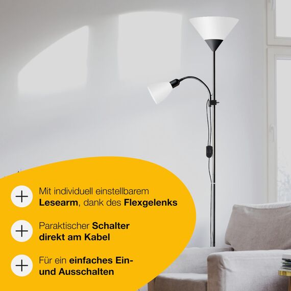 Brilliant Spari Deckenfluter mit Leselampe schwarz, weiß – LED Stehlampe – 1,8 m Standleuchte – für LED-Leuchtmittel geeignet (E27 & E14 Fassung) – mit verstellbarem Lesearm