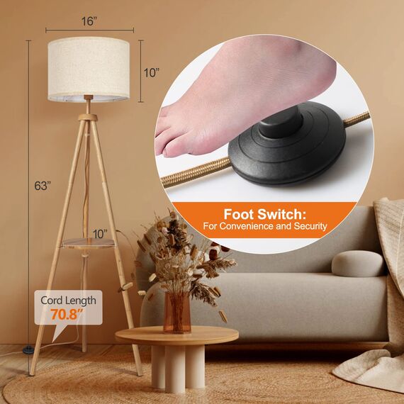 OUTON LED Stehlampe Dimmbar Dreibein Holz mit Regal, Fernbedienung, 4 Farbtemperatur, 1 Stunde Timerfunktion, Stativ Stehleuchte mit Beige Lampenschirm für Wohnzimmer, Schlafzimmer, Büro (Holz)