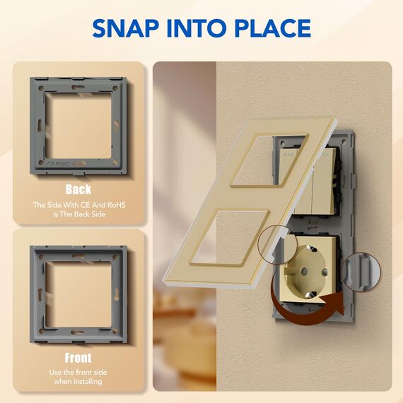BSEED Lichtschalter mit Steckdose 3 Fach 2 Wege,10A Kristall Glas Platte Wandschalter mit 16A Schuko Steckdose Gold,Physische Unterputz Wechselschalter mit Steckdose- 157mm