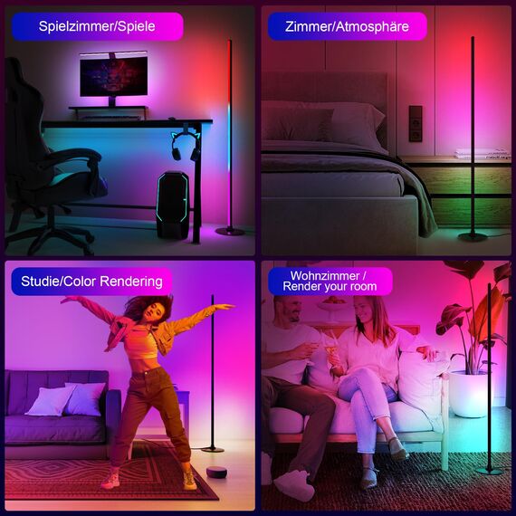 Lanmonlily LED Stehlampe mit Fernbedienung und APP, RGBICW Stehlampe Dimmbar, mit Alexa und Google, Musik Sync, 16 Millionen Farben, 68 Szenenmodi, Stilvolle Stehleuchte für Schlafzimmer
