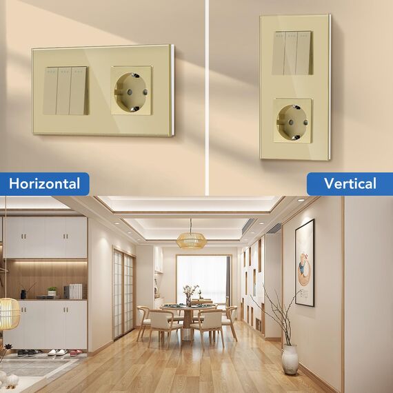 BSEED Lichtschalter mit Steckdose 3 Fach 2 Wege,10A Kristall Glas Platte Wandschalter mit 16A Schuko Steckdose Gold,Physische Unterputz Wechselschalter mit Steckdose- 157mm