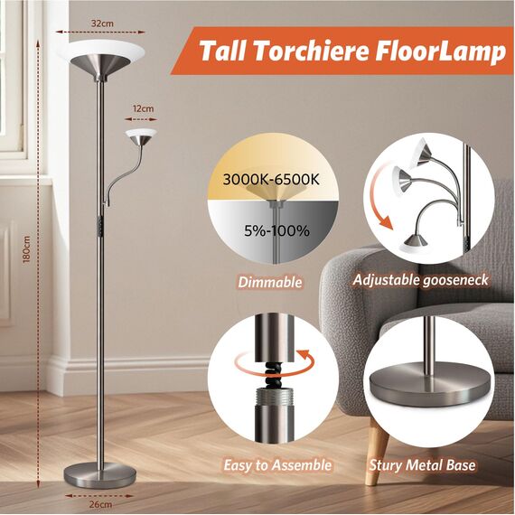 BBHome Stehlampe Wohnzimmer LED, 27W Deckenfluter LED Dimmbar mit 6W leselampe, 3000K-6500K Moderne Dimmbar Stehlampe mit Fernbedienung & Berührung für Wohnzimmer, Schlafzimmer, Büro (silber)