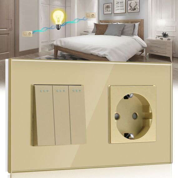 BSEED Lichtschalter mit Steckdose 3 Fach 2 Wege,10A Kristall Glas Platte Wandschalter mit 16A Schuko Steckdose Gold,Physische Unterputz Wechselschalter mit Steckdose- 157mm