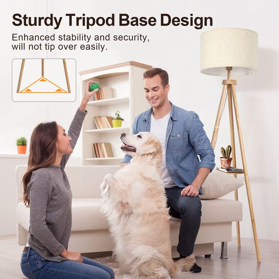 OUTON LED Stehlampe Dimmbar Dreibein Holz mit Regal, Fernbedienung, 4 Farbtemperatur, 1 Stunde Timerfunktion, Stativ Stehleuchte mit Beige Lampenschirm für Wohnzimmer, Schlafzimmer, Büro (Holz)
