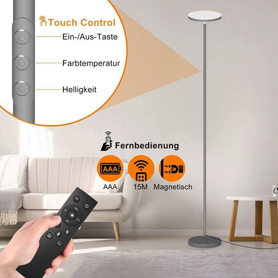 Grau LED Stehlampe , 3600LM 36W Deckenfluter Dimmbar Stehlampe Wohnzimmer 2700K-6500K Stufenloses Dimmen, Fernbedienung und Touch-Steuerung, Moderne Standleuchte für Wohnzimmer Schlafzimmer Büro