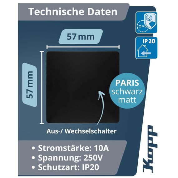 Kopp PARIS Universalschalter in Matt-Schwarz - Lichtschalter-Unterputz mit 10AX Schaltvermögen - Hochwertiger IP20 Schalter mit Steckklemmen - Stilvoller Wechselschalter-Unterputz 250V~